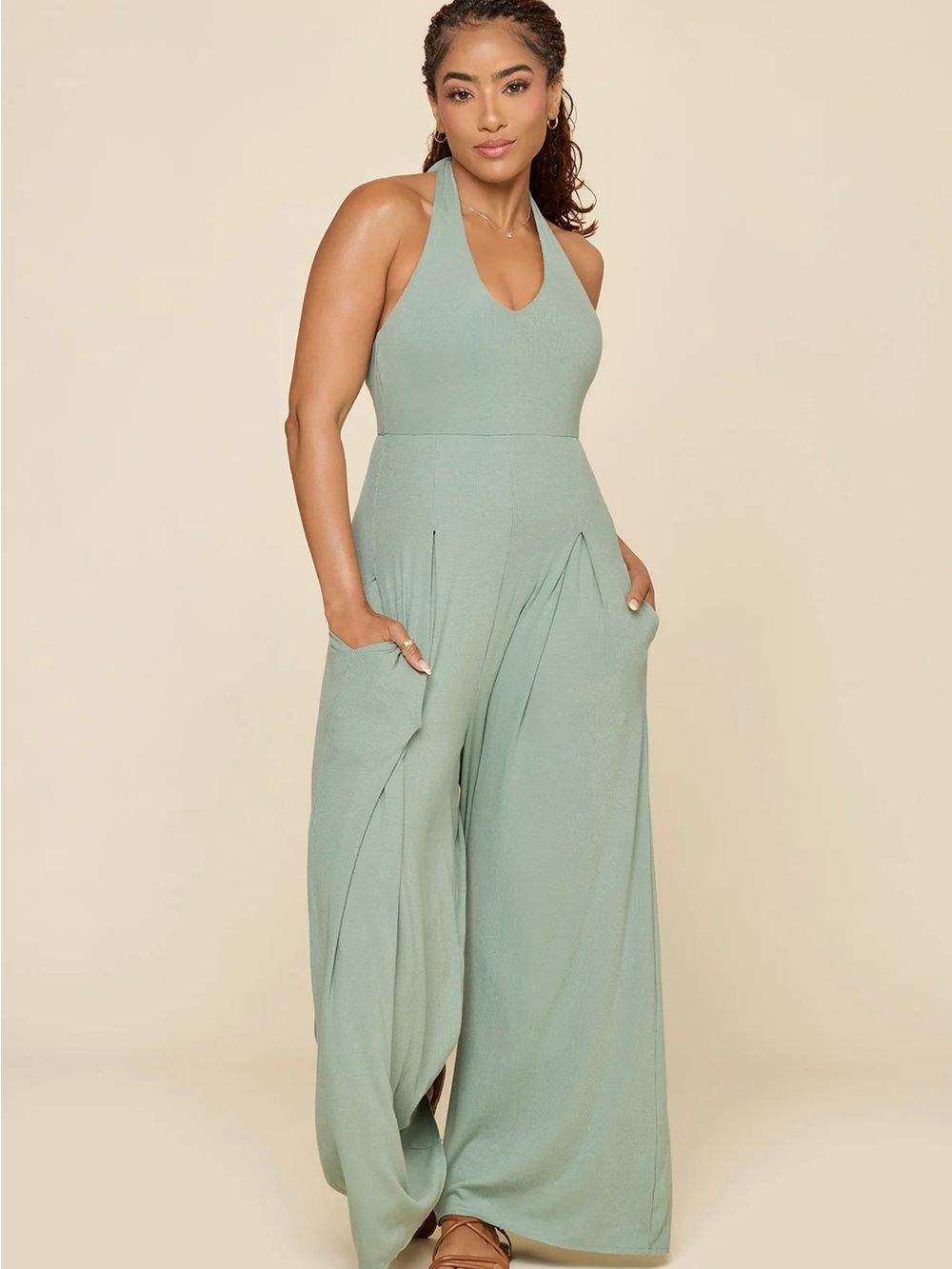 Halter Go with the Flow Jumpsuit - Evening Moss